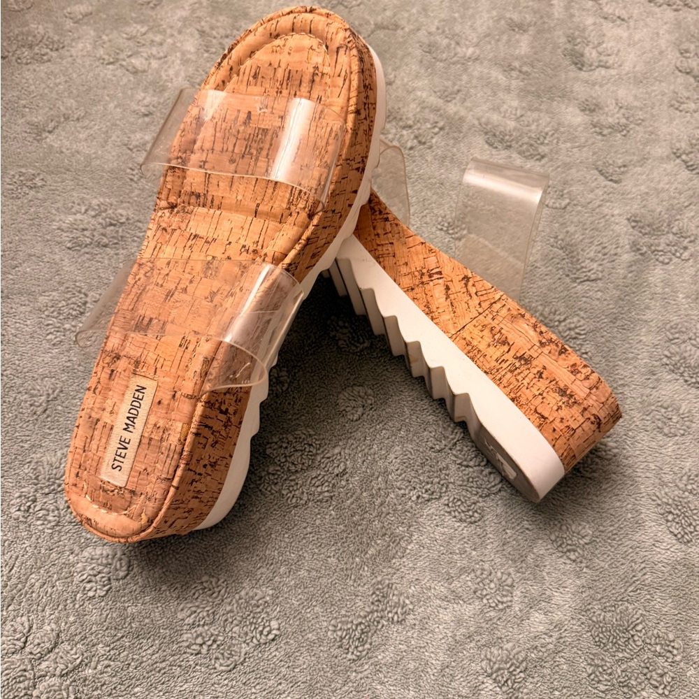Steve Madden Tan Cork Sandals with Clear Straps